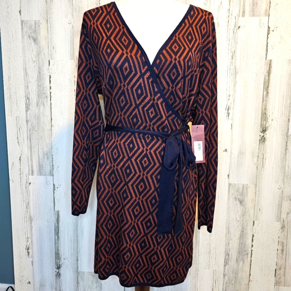 NWT Love Scarlett Cinnamon Spice Diamond Wrap Midi Dress Sweater Style Size L